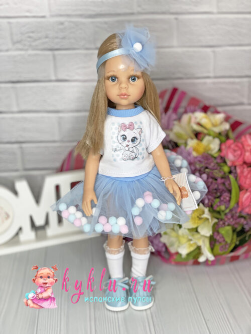 Кукла Карла в голубой юбке с помпонами